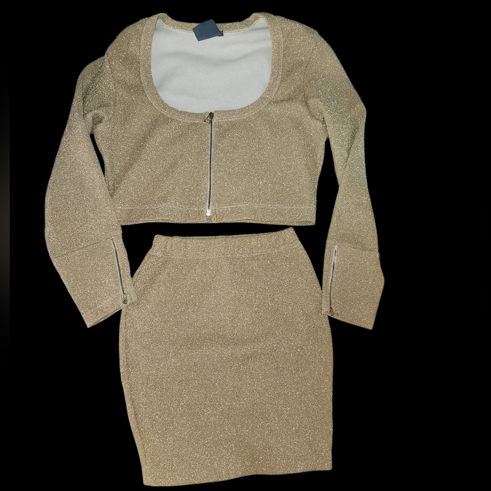 Algorquns Sparkle Stretch Two-Piece Crop Top & Skirt Set in Champagne Gold